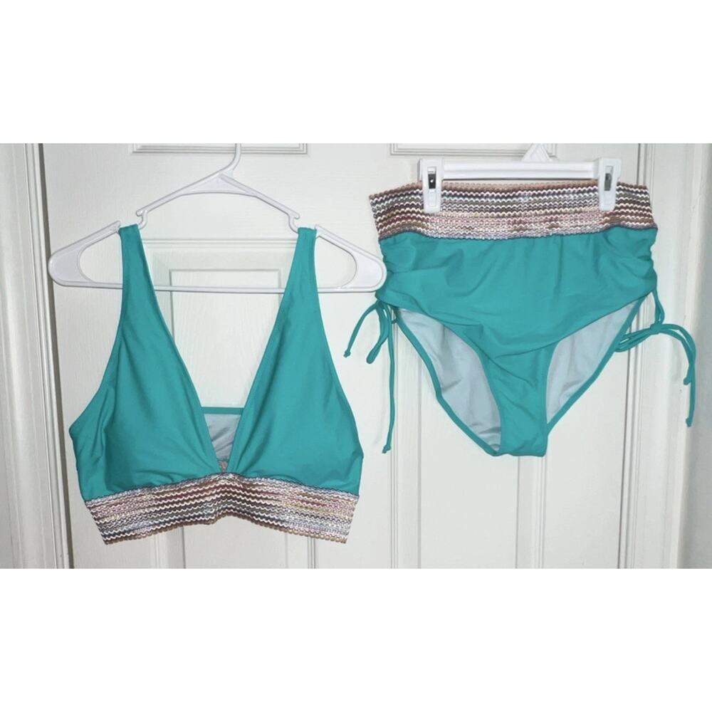 Blooming Jelly Turquoise Chevron High-Waisted Bikini XL Lined‎ Swim Bathing suit